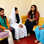 **Image:** A supportive group therapy session in Pakistan, showing diverse individuals sharing experiences and offering comfort in a safe space. Focus on empathy and connection.