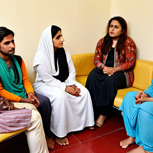 Home 19 **Image:** A supportive group therapy session in Pakistan, showing diverse individuals sharing experiences and offering comfort in a safe space. Focus on empathy and connection.
