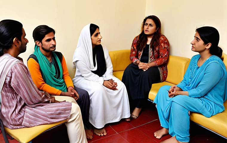 **Image:** A supportive group therapy session in Pakistan, showing diverse individuals sharing experiences and offering comfort in a safe space. Focus on empathy and connection.