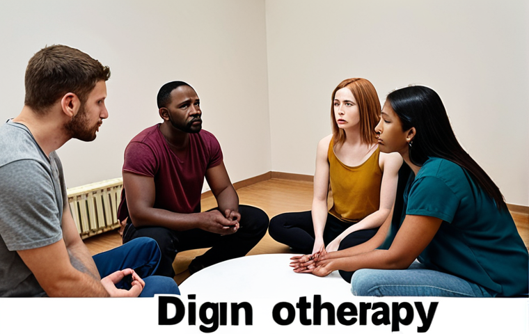 **A group of diverse people sitting in a circle, participating in a therapy session led by a counselor. The scene should convey support, empathy, and healing in a safe space.** (Focus: Emotional support and group therapy for crime victims).